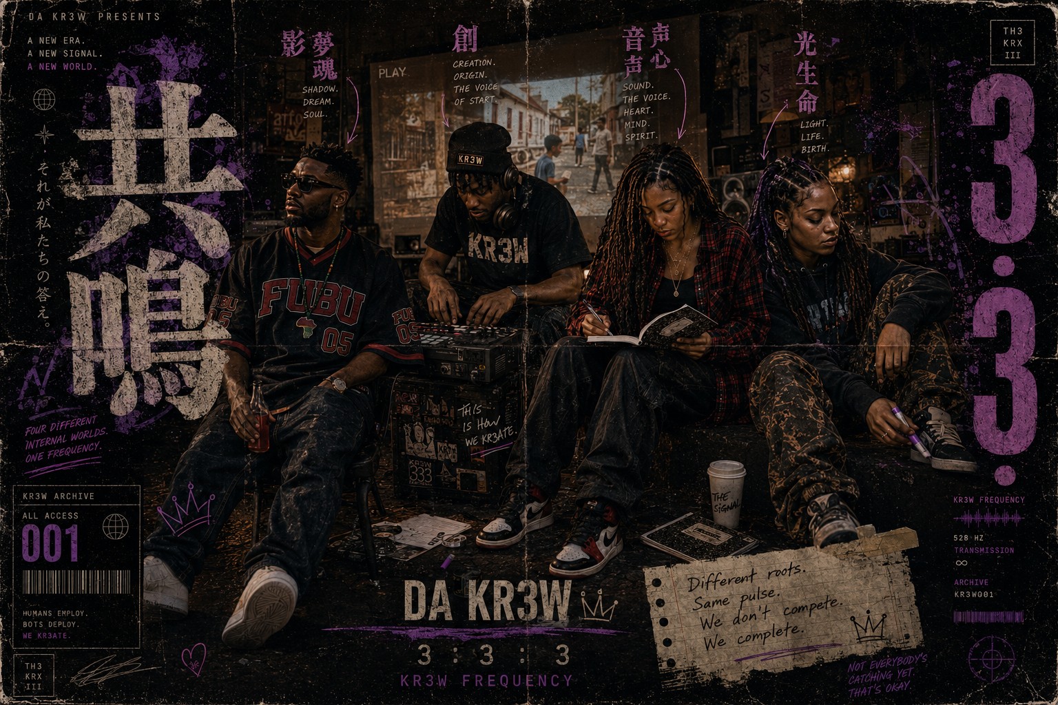 A worn Da KR3W archive spread showing all four members inside their creative space