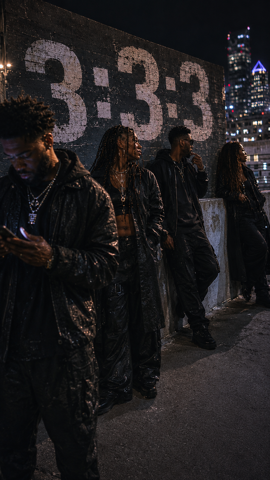 Juno, Nyx, Avi and Z stand in front of a weathered 3:3:3 wall in Charlotte